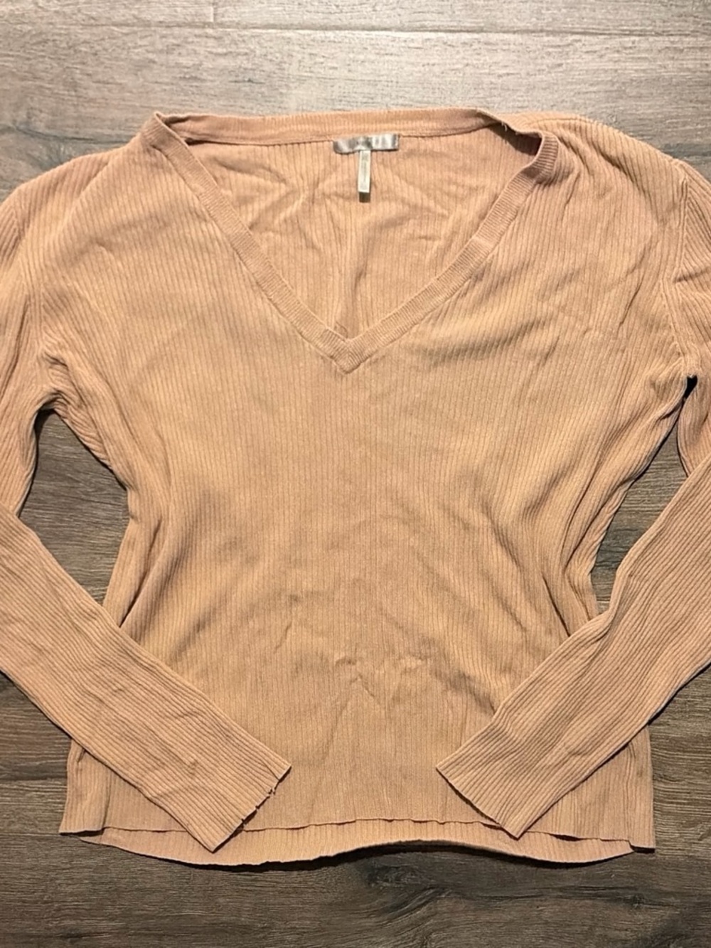 Metro 7 Ribbed V-Neck Long Sleeve Sweater Top Tan XL